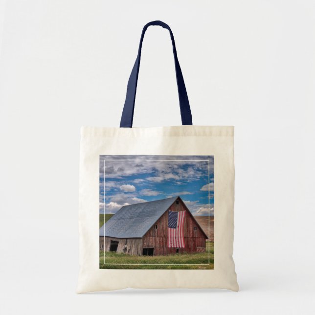 Farms | Rustic Red Barn With American Flag Tote Bag (Front)