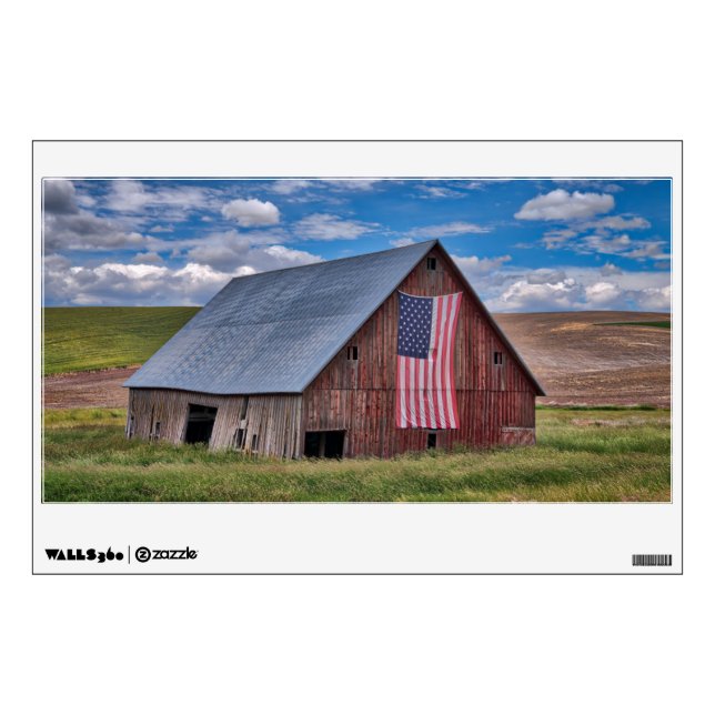 Farms | Rustic Red Barn With American Flag Wall Decal (Front)