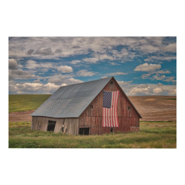 Farms | Rustic Red Barn With American Flag Wood Wall Art (Front)