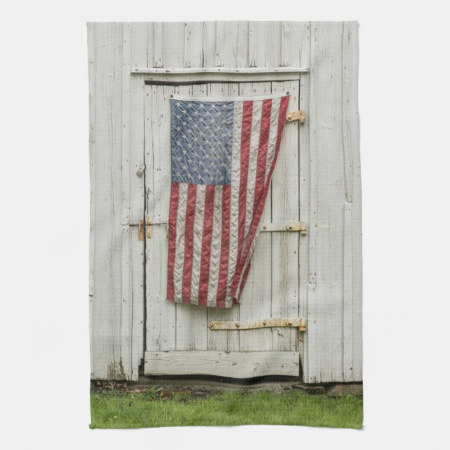 Farms | White Barn Door With American Flag Kitchen Towel (Vertical)