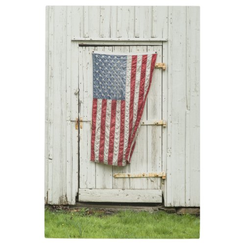 Farms  White Barn Door With American Flag Metal Print