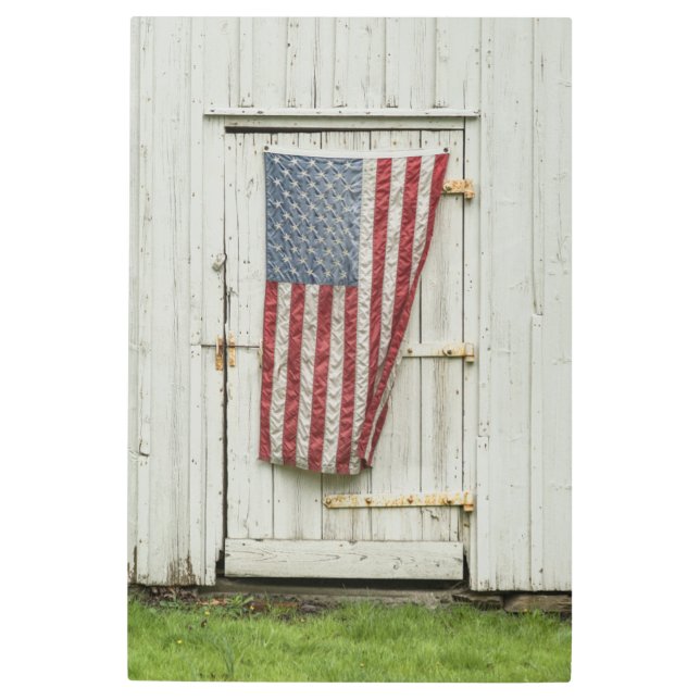 Farms | White Barn Door With American Flag Metal Print (Front)