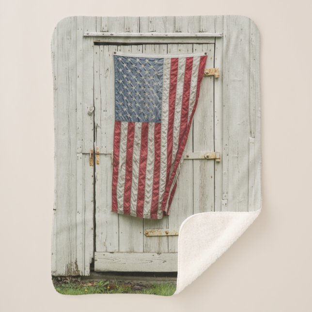 Farms | White Barn Door With American Flag Sherpa Blanket (Front)