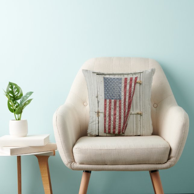 Farms | White Barn Door With American Flag Throw Pillow (Chair)