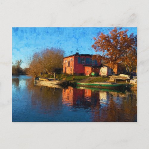 Farmstead on Havel river bank with fishing barge Postcard