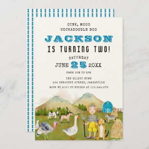 Farmyard Animals and Boy 2nd Birthday Invitation
