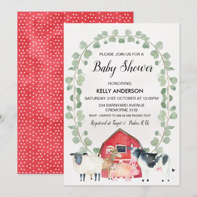 Farmyard Animals Wreath Baby Shower Invitation (Front/Back)