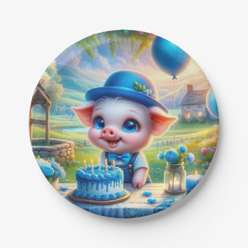 Farmyard Babies Birthday _ Cute Pig Blue Paper Plates
