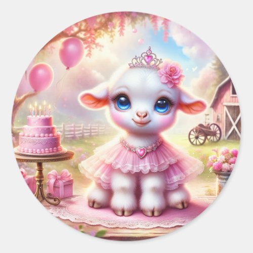 Farmyard Babies Birthday _ Sweet Baby Goat Pink Classic Round Sticker