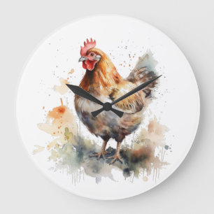 Farmyard Charm: Watercolor Chicken Art Large Clock