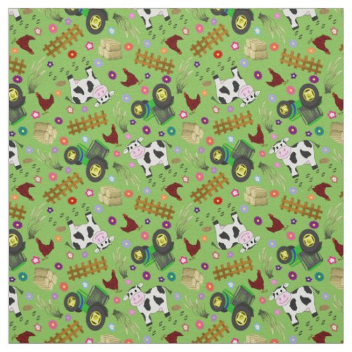 Farmyard Cow Scene Fabric