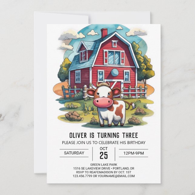 Farmyard Cow Watercolor Birthday Invitation (Front)