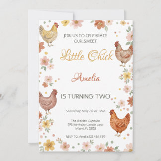 Farmyard Floral Sweet Little Chick Birthday Invitation
