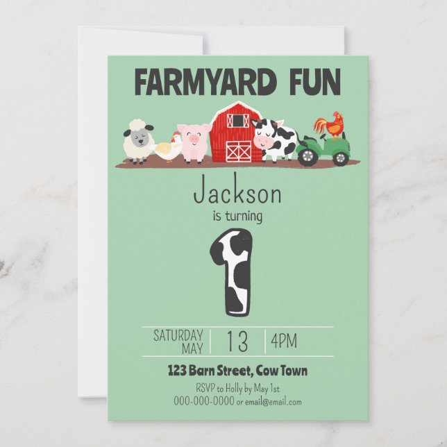 Farmyard Fun 1st Birthday Farm Animal Birthday Invitation (Front)