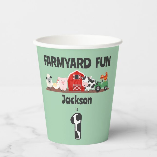 Farmyard Fun 1st Birthday Farm Animal Kids Paper Cups (Front)