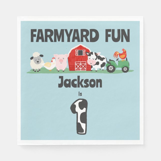 Farmyard Fun 1st Birthday Farm Animal Kids Party Napkins (Front)