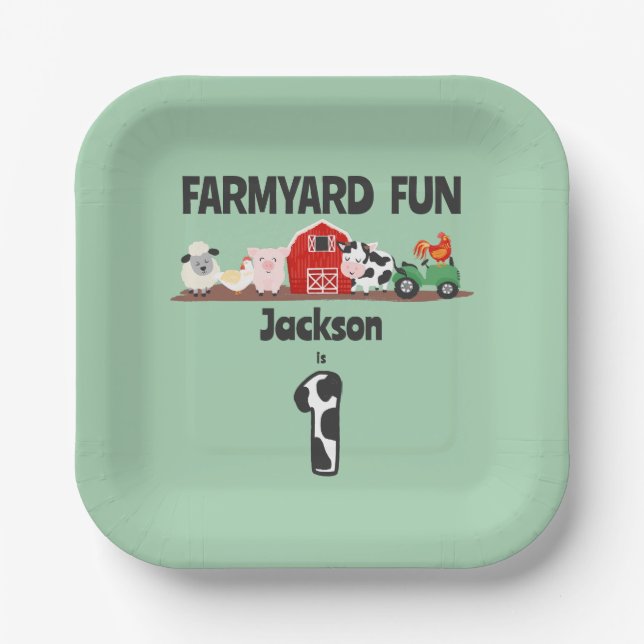 Farmyard Fun 1st Birthday Farm Animal Kids Party Paper Plates (Front)