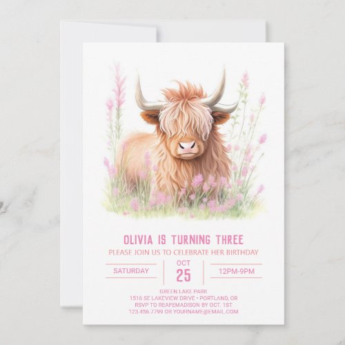 Farmyard Fun Highland Cow Girl Birthday Invitation