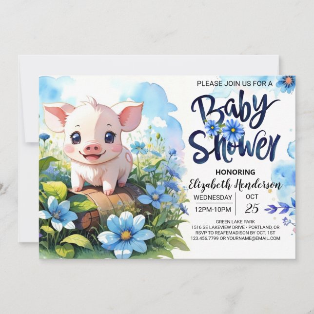 Farmyard Fun Pig Blue Baby Shower Invitation (Front)