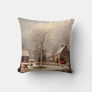 Farmyard in Winter Painting by George Durrie Throw Pillow