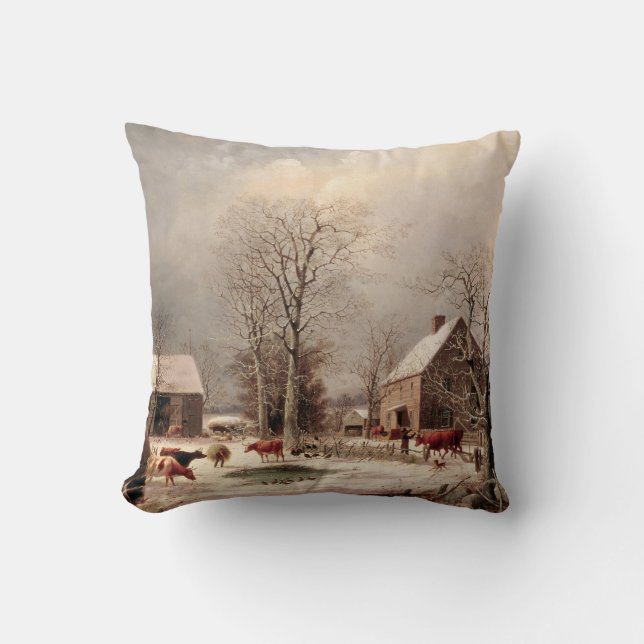 Farmyard in Winter Painting by George Durrie Throw Pillow (Front)