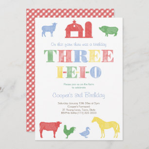 Farmyard Theme Three I-E-I-O 3rd Birthday Party Invitation