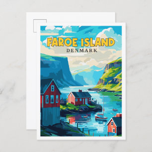 Faroe Island Denmark vintage travel illustration Postcard