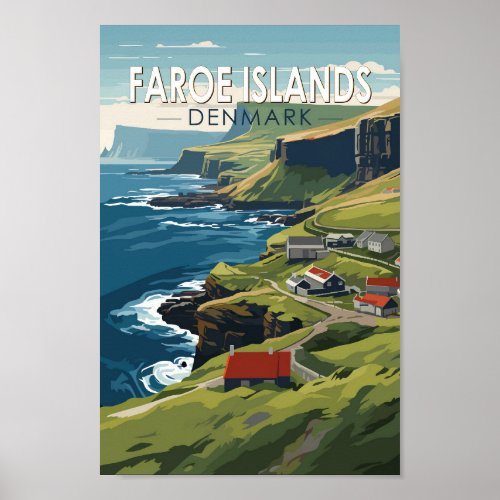 Faroe Islands Denmark Travel Art Vintage Poster