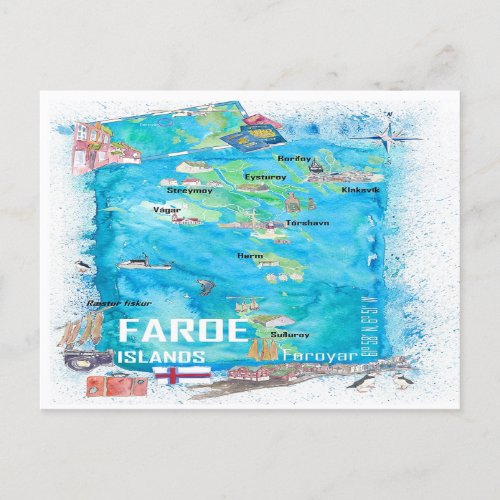 Faroe Islands Illustrated Travel Map  Postcard