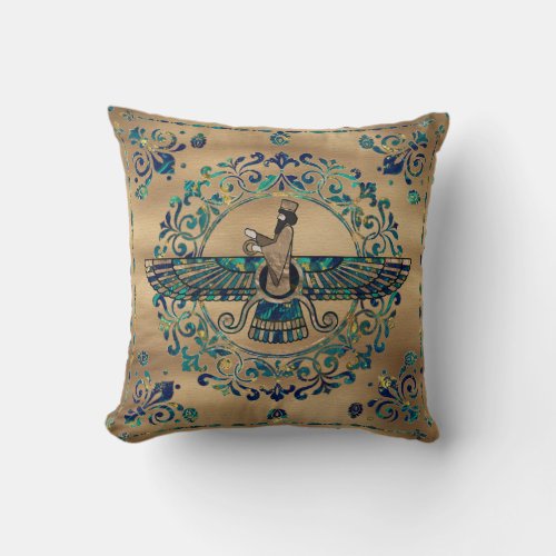 Farohar _ Faravahar _ Fravashi Marble and Gold Throw Pillow