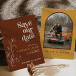 FARRAH Retro 70's Rust Floral Photo Save the Date Invitation<br><div class="desc">This save the date features a retro 70's themed font, fun and funky rust and mustard color combination, and a simple earthy botanical flower. Easily add your photo and wedding website into the arched photo slot on the backside for a personal touch. This save the date invite is perfect for...</div>