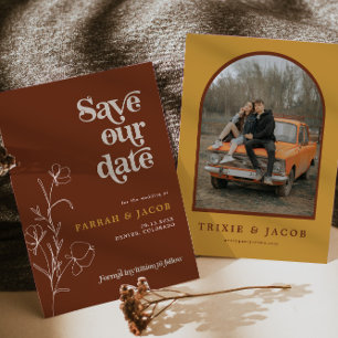 FARRAH Retro 70's Rust Floral Photo Save the Date Invitation