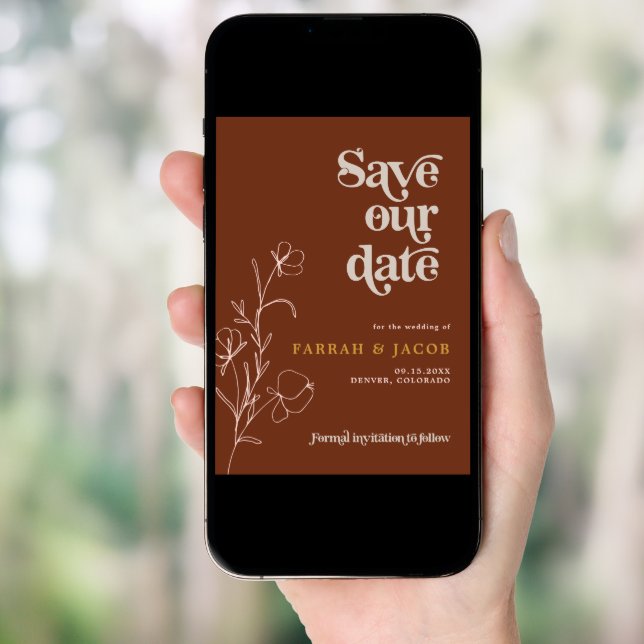 FARRAH Retro 70's Rust Floral Photo Save the Date Invitation (Front Digital)