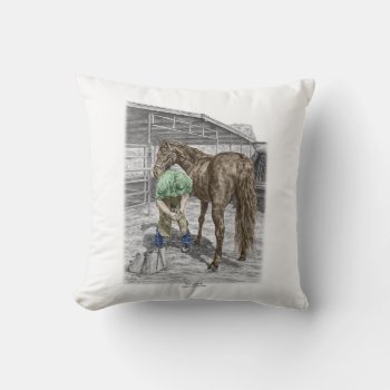 Farrier Blacksmith Trimming Horse Hoof Throw Pillow by KelliSwan at Zazzle