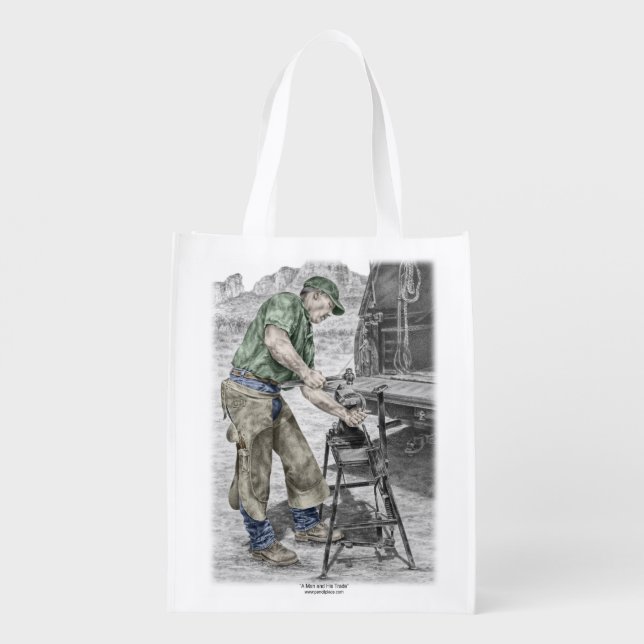 Farrier Blacksmith Using Anvil Reusable Grocery Bag (Back)