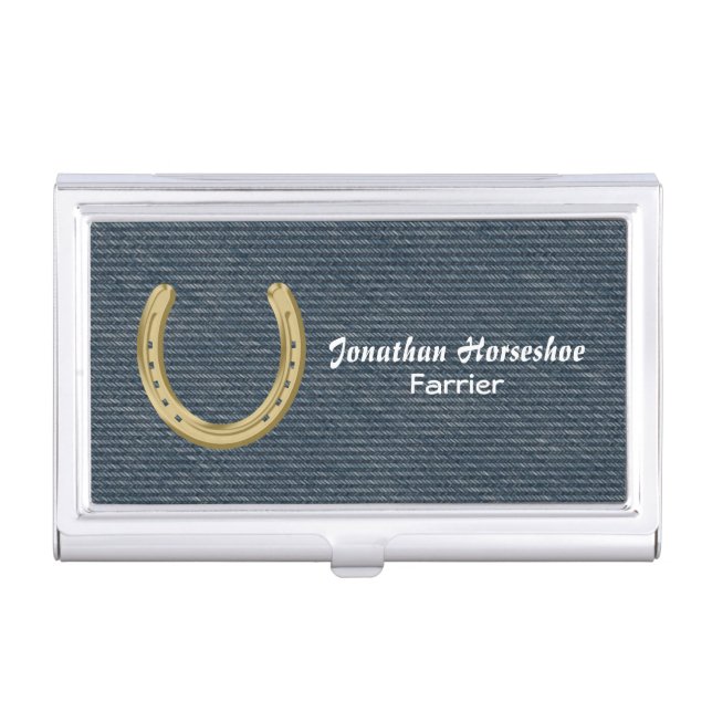 Farrier Golden horseshoe on denim Business Card Case (Front)