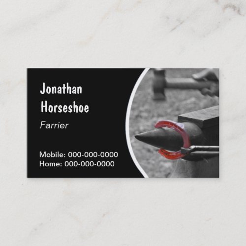 Farrier holding a hot horseshoe with pincers business card