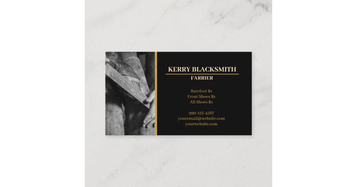 Farrier Horseshoeing + Barefoot Trim, Black+Gold Business Card Zazzle