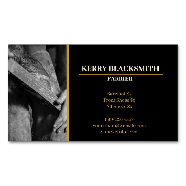 Farrier - Horseshoeing + Barefoot Trim, Black+Gold Business Card Magnet (Front)