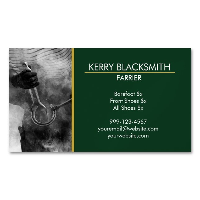 Farrier - Horseshoeing + Barefoot Trim, Green+Gold Business Card Magnet (Front)
