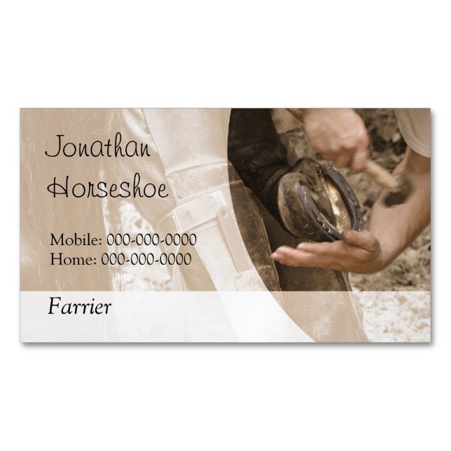 Farrier shoeing a horse magnetic business card (Front)