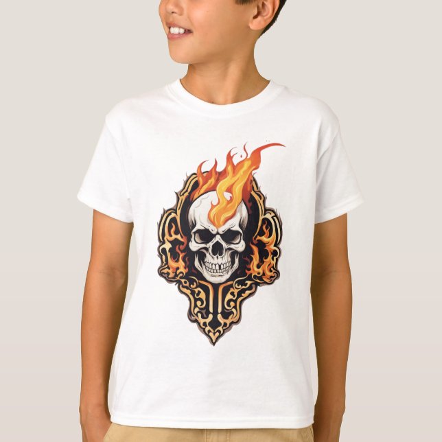 Farsi Flaming Skull Graphic Kids’ T-Shirt (Front)