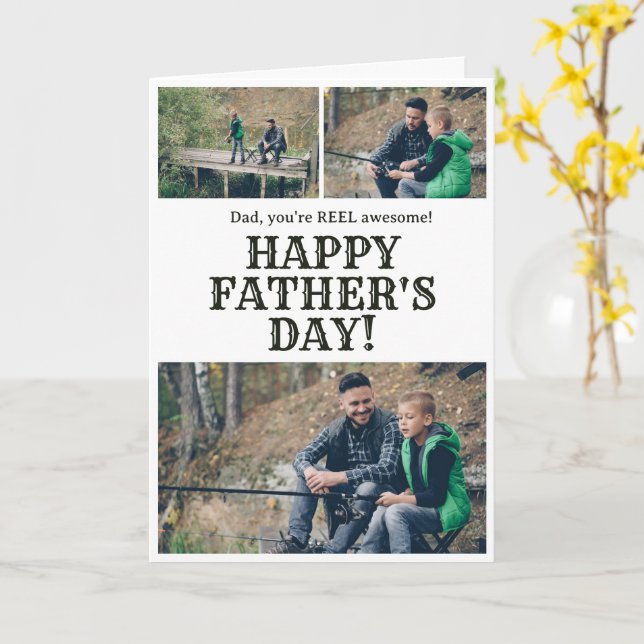 Farther's Day Fishing Reel Photo Personalized Card (Yellow Flower)