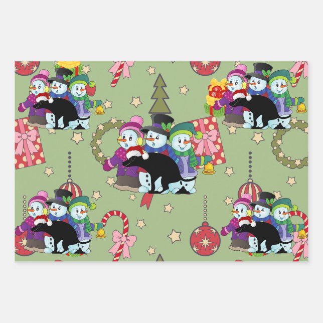 Farting Christmas Snowmen Pattern Wrapping Paper Sheets (Front 3)