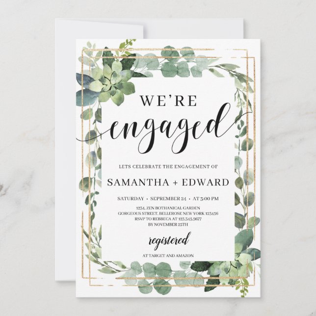 Fascinating boho succulent greenery engagement invitation (Front)