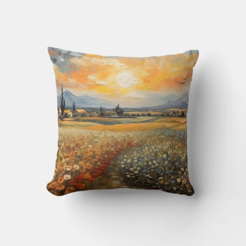 Fascinating Landscape Sunset Flower Field 5 Throw Pillow
