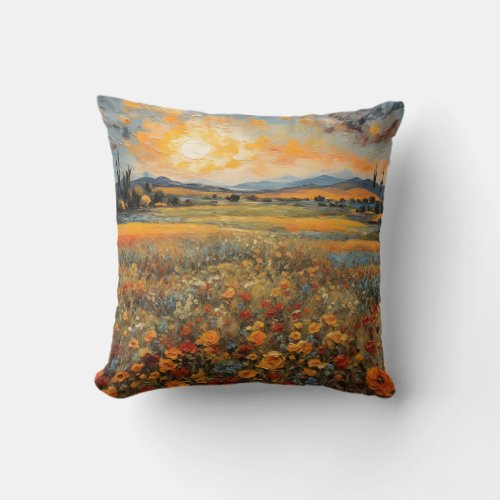 Fascinating Landscape Sunset Flower Field 6 Throw Pillow