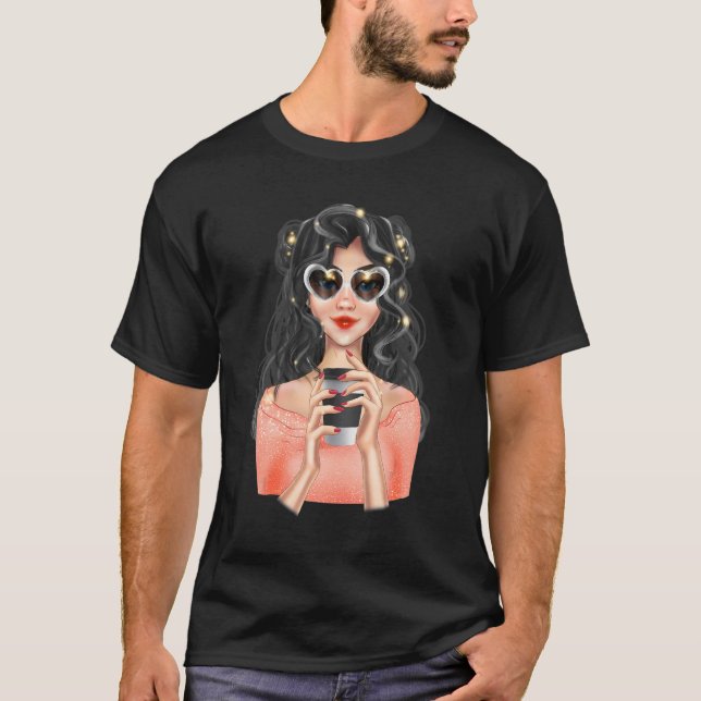 Fashion Blond Girl With Cup of Coffee with Heart  T-Shirt (Front)