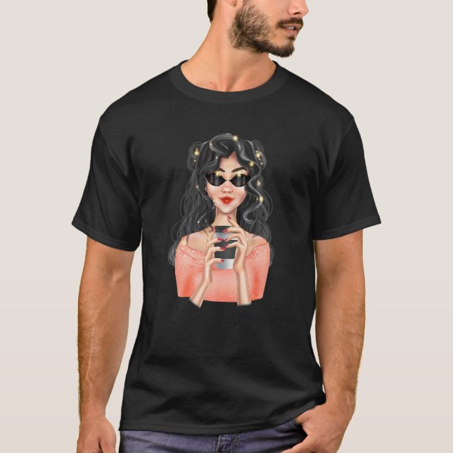 Fashion Blonde Girl With Cup of Coffee with Black  T-Shirt (Front)