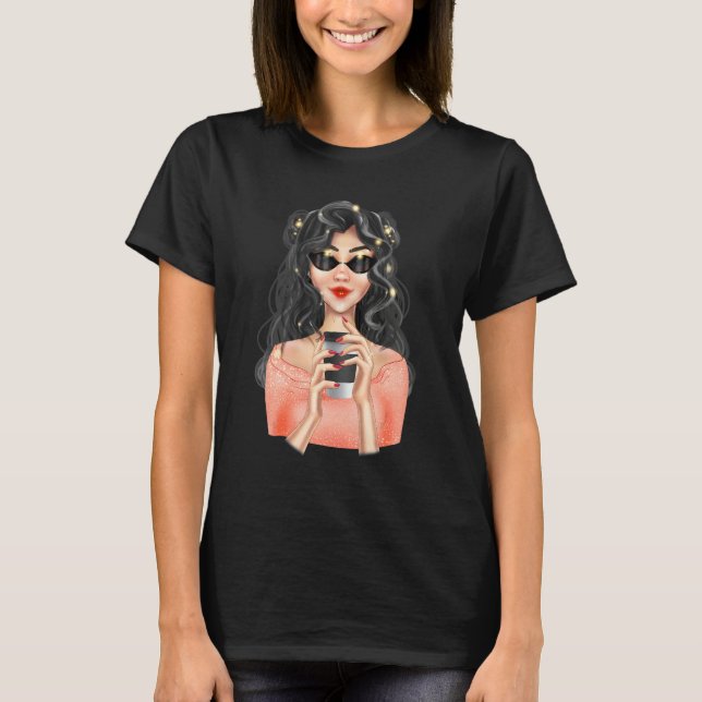 Fashion Blonde Girl With Cup of Coffee with Black  T-Shirt (Front)